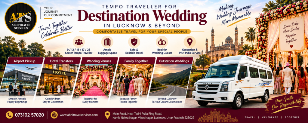 Destination wedding guest transportation in Lucknow with Tempo Traveller for airport pickup, hotel transfers and wedding venues