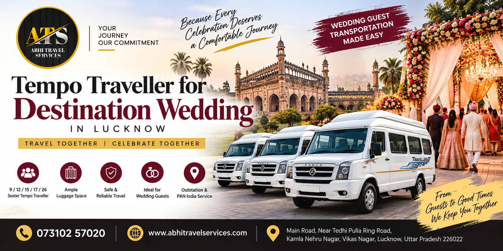 Tempo Traveller for destination wedding in Lucknow with 9, 12, 15, 17 and 26 seater options for wedding guests